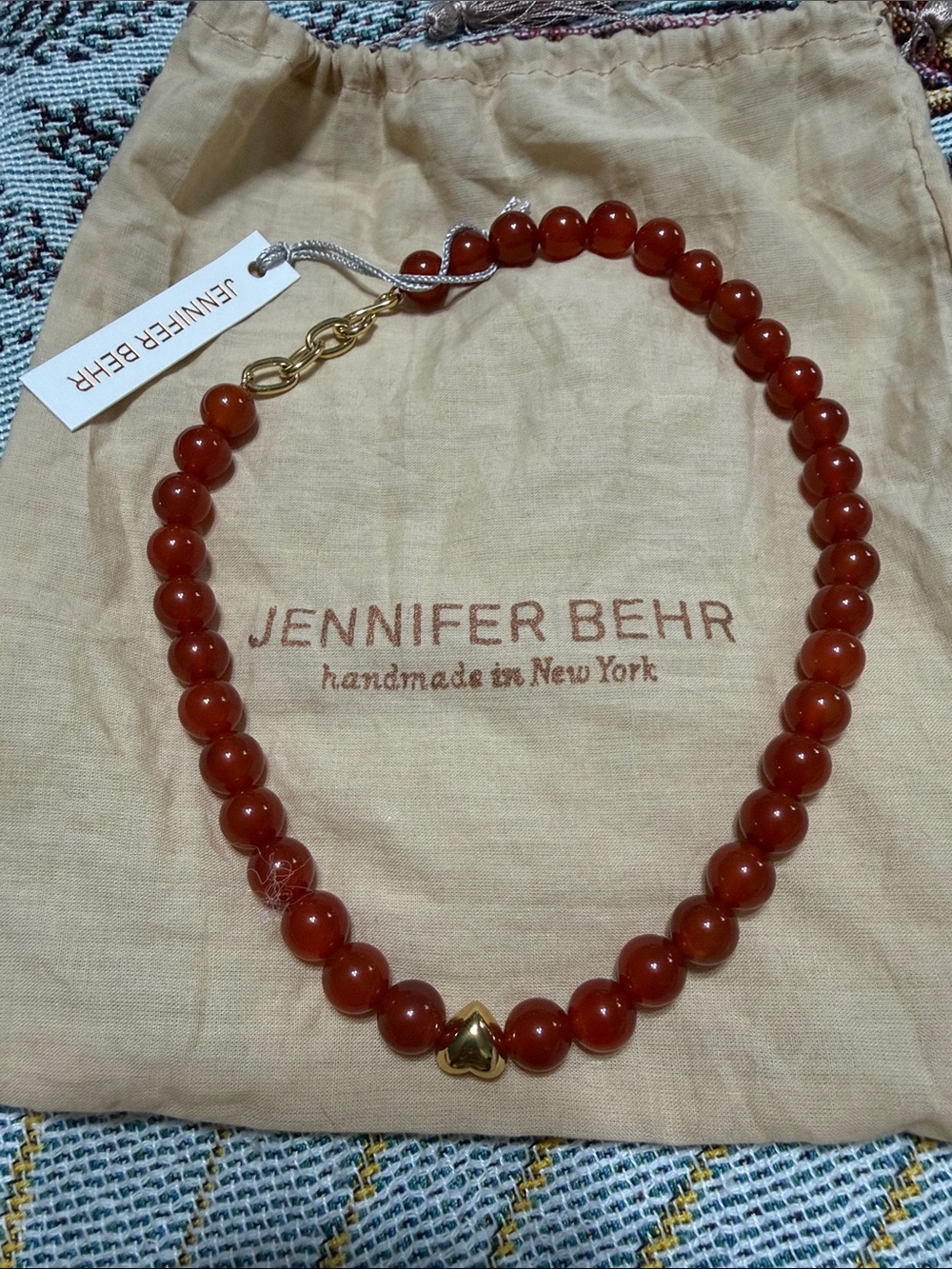 Jennifer Behr Carnelian  Beaded Necklace with Gold Heart Accent